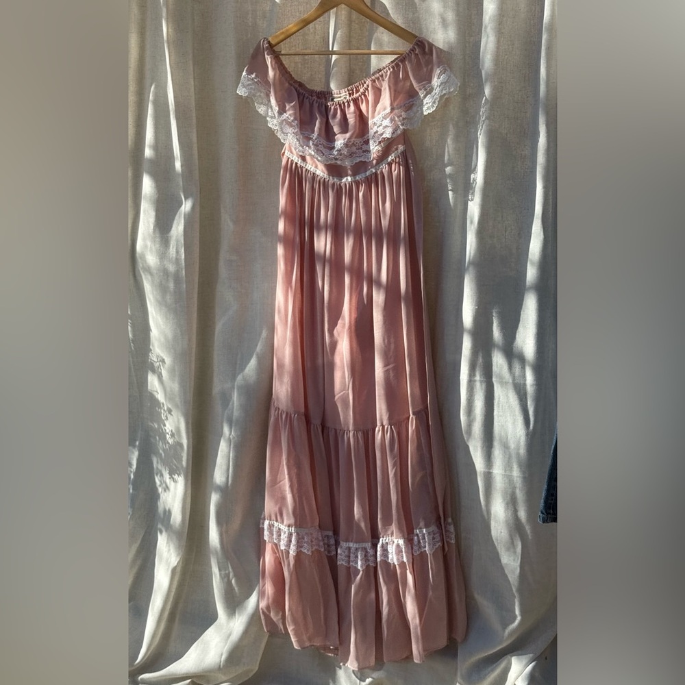 Vintage Gunne Sax Pink Off-Shoulder Lace Gown | Romantic Prairie Dress
